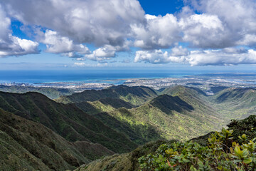 Moanalua Valley & Moanalua Ridge Trail to the Haiku Stairs (Stairway To Heaven), Honolulu, Oahu, Hawaii. Koʻolau Range / shield volcano.