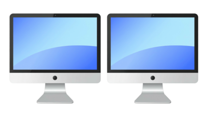 Two desktop computers side-by-side with blue screen displays and silver stands on a dark background