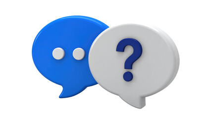 Two glossy speech bubbles, one blue with dots, the other white with a question mark, isolated on a black background