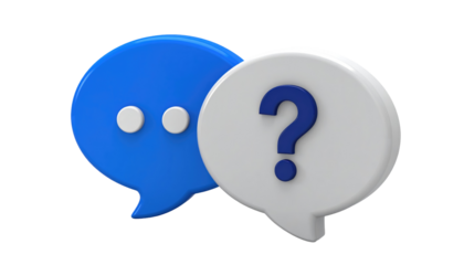 Two glossy speech bubbles, one blue with dots, the other white with a question mark, isolated on a black background