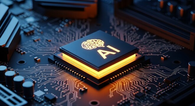 Illuminated artificial intelligence chip glowing on a complex computer motherboard circuit board - Powered by Adobe