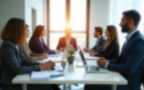 Blurred diverse business people meet in conference room. Corporate team sitting at table at seminar, discussing financial strategy, marketing plans. Blurred office interior, window view for