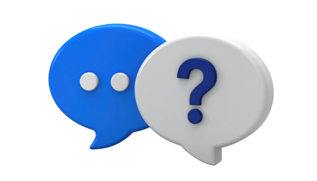 Two glossy speech bubbles, one blue with dots, the other white with a question mark, isolated on a black background