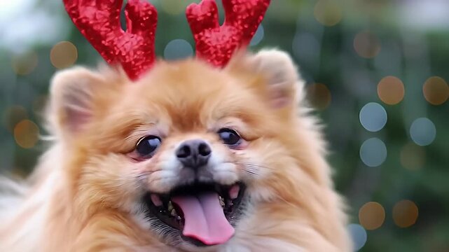 Fluffy Pomeranian Dog Wearing Red Glittery Antlers with Sparkles Outdoor Bokeh Background