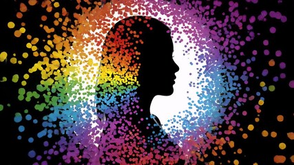 Colorful Abstract Portrait Silhouette of a Person Exploding into Vibrant Rainbow Particles Against a Dark Background - Powered by Adobe