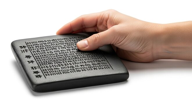 A hand rests on a cuneiform tablet