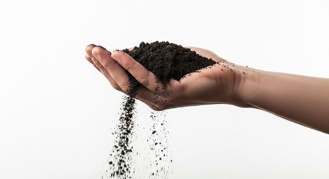 A hand spills dark soil against a stark white background