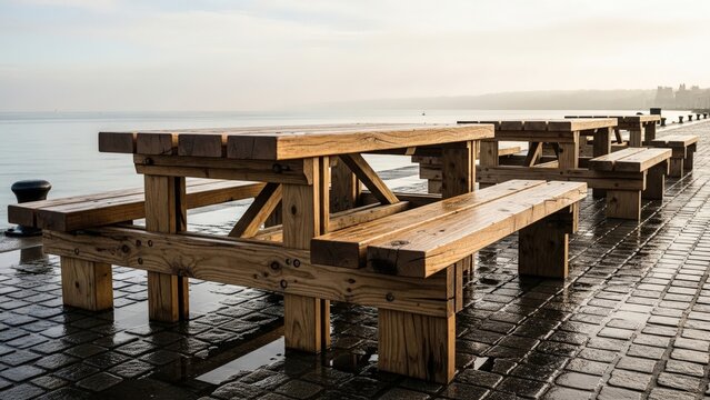 Wooden Picnic Tables and Benches on a Wet Paved Boardwalk by the Water