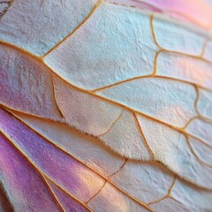 Naklejka premium Ethereal macro detail of a shimmering fantasy wing with iridescent pastel colors and delicate glowing veins