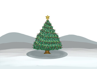 クリスマスツリーが自然の中にあるカラーイラスト