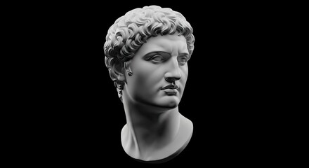 A classical bust sculpture of a man against a black background