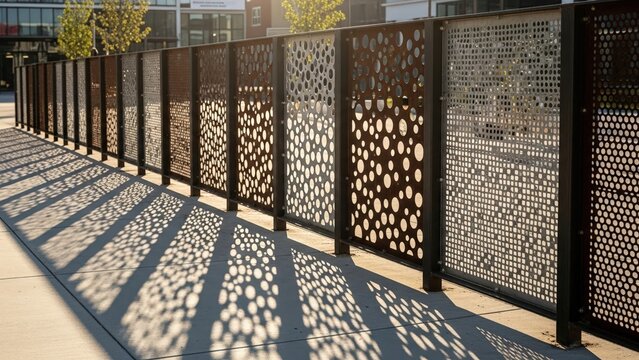 Modern Perforated Metal Fence Creates Dappled Sunlight Shadows on Pavement