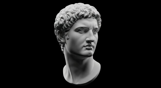 A classical bust sculpture of a man against a black background