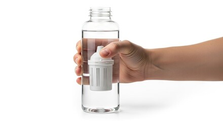 A clear water bottle with a white filter inside is held by a hand against a white background