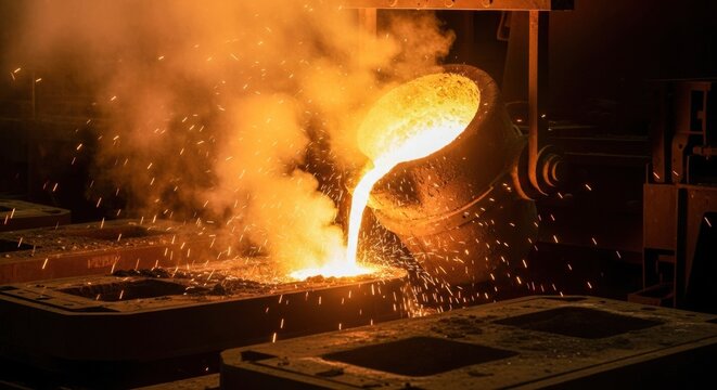 高温の溶解金属が流れ出す鋳造工場/Molten Metal Pouring in Industrial Foundry Scene