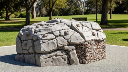 Outdoor Rock Climbing Structure with Gabion Base in a Park Setting