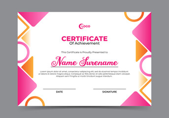 Certificate of achievement template with pink and orange geometric