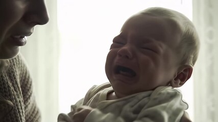 Mother Comforting Crying Newborn Baby Indoors Soft Natural Light Gentle Concern