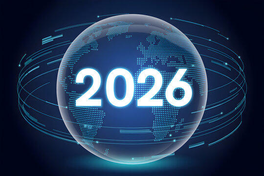 3D Glowing 2026 Typography Inside Transparent Digital Globe with Futuristic Network Design