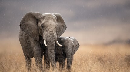 Obraz premium African elephants walking through dry grass under a cloudy sky