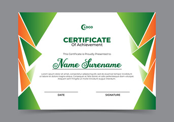 Certificate of achievement template with orange and green polygonal