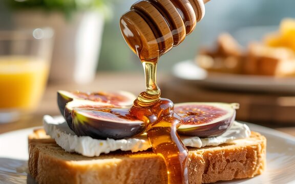 Delicious honey drizzled over fig and cheese toast for breakfast