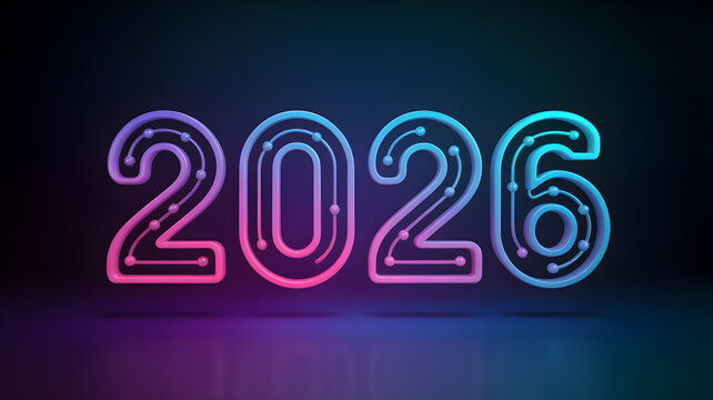 3D Glowing Neon 2026 Typography in Futuristic Pink and Blue Gradient Light
