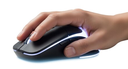 A hand grasps a black and gray computer mouse with white light accents posed against a solid white background