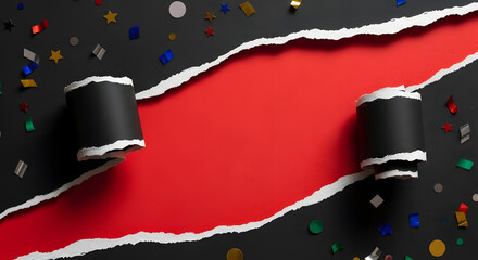 Torn Black Paper with Red Background and Confetti, Celebration, Party Concept
