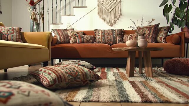 Bohemian Living Room With Orange Sofa Macrame Wall Hanging And Colorful Ethnic Patterned Cushions And Rug