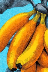 Banana bunch art, vibrant yellow fruit against blue