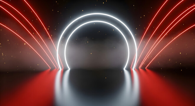 Abstract Neon Portal: Futuristic Glowing Circle and Red Lines on Dark Background