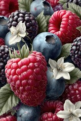 Assorted berries with tiny flowers and lush green leaves