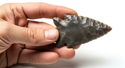 A hand holds a chert arrowhead showing knapped edges and a triangular point