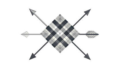 Diamond plaid center with arrows pointing outward on a black background in monochrome