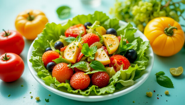 Fresh and vibrant salad with tomatoes, olives, and yellow tomatoes on a plate - Powered by Adobe