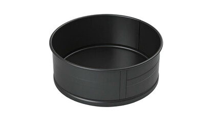 Top-down view of a round, dark non-stick baking pan. Minimalist on a black background in a studio setup