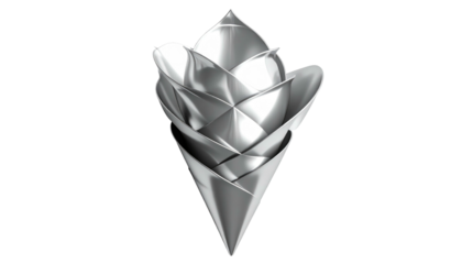 Abstract chrome sculpture resembling a flower bud encased in layered, geometric petals