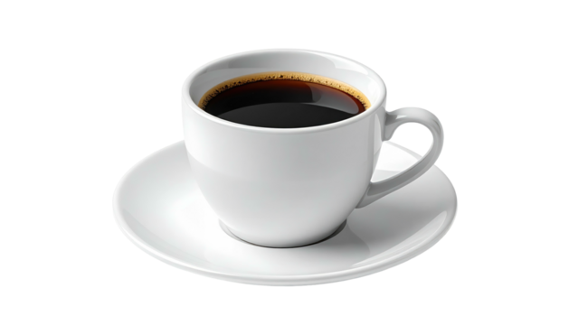 White ceramic cup filled with dark coffee sits on a matching saucer, isolated against a black background
