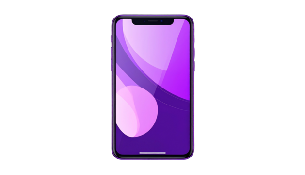 Stylized smartphone with a vibrant purple and lavender swirling screen on a sleek black background