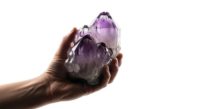 A hand holds a cluster of purple amethyst crystals against a stark white background - Powered by Adobe