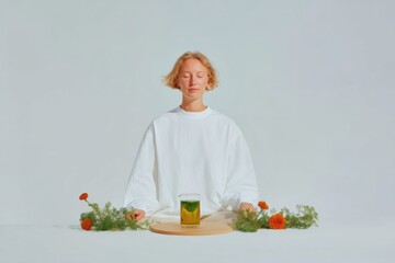 Modern Young Woman Meditating with Herbal Tea Authentic Lifestyle and Wellness Marketing Content for Social Media