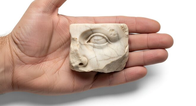 A hand holds a fragment of a marble sculpture depicting an eye part of nose and partial face against a white backdrop - Powered by Adobe