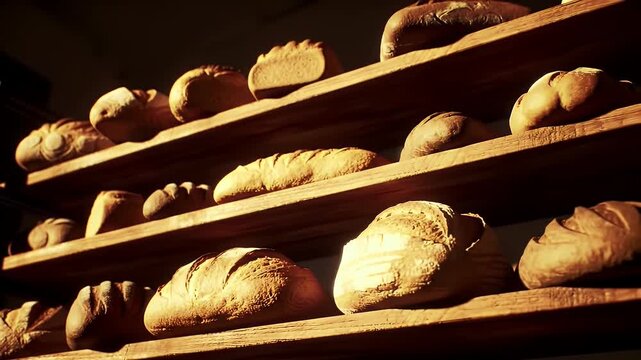 Warmly Lit Bakery Display Rack Filled With Assorted Freshly Baked Artisan Breads