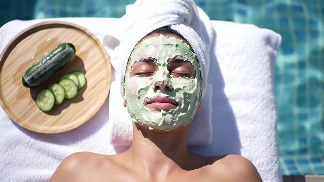 Woman Wearing Green Face Mask with Cucumber Slices Resting Beside Her on a White Towel by a Blue Pool During Daytime