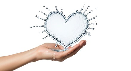 A hand holds a heart shape formed by splashing water against a white background