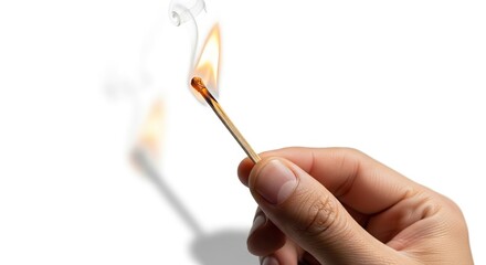 A hand holds a lit match flame and smoke visible
