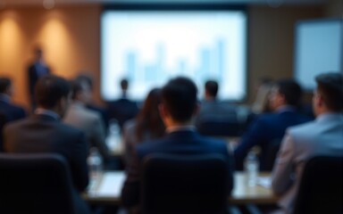 business conference room with blurred audience attending seminar meeting professional networking event digital blur. High quality