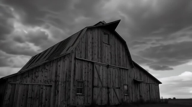 Old Wooden Barn Under Dramatic Stormy Sky Black And White Rural Landscape
