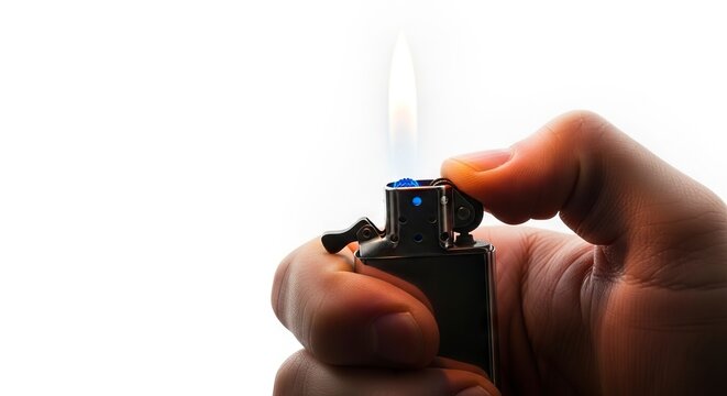 A hand holds a lit metal lighter flame visible against a white background
